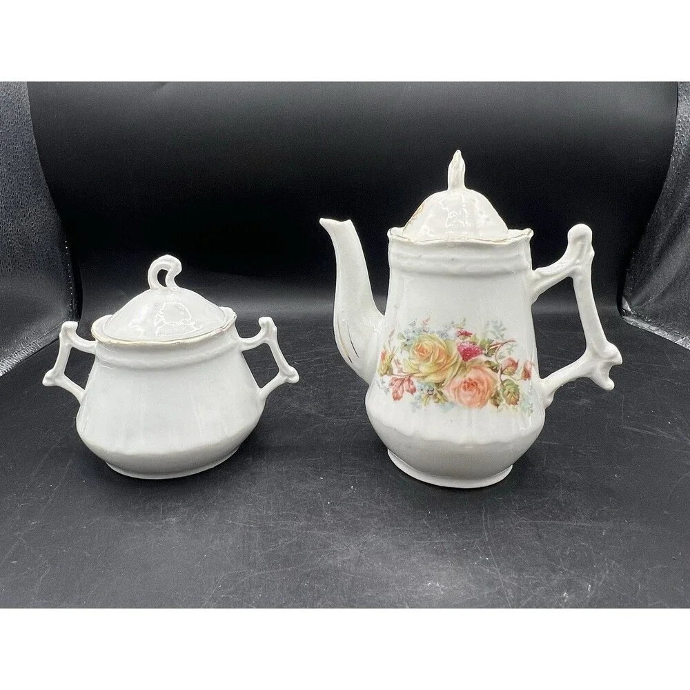 Vintage Porcelain Teapot Sugar Bowl Set Pink Yellow Rose Floral Gold Trim Lids